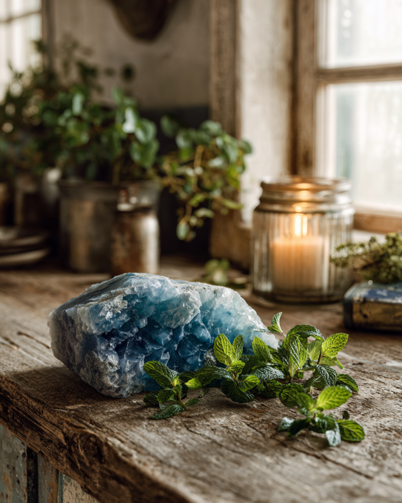 Raw blue lace agate stone and fresh mint leaves on a rustic wooden windowsill with a lit candle and potted plants in the background.